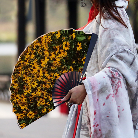 Yellow Cone Flowers Double-side Custom Spun Silk Fan Retro Hand-held Folding Fan