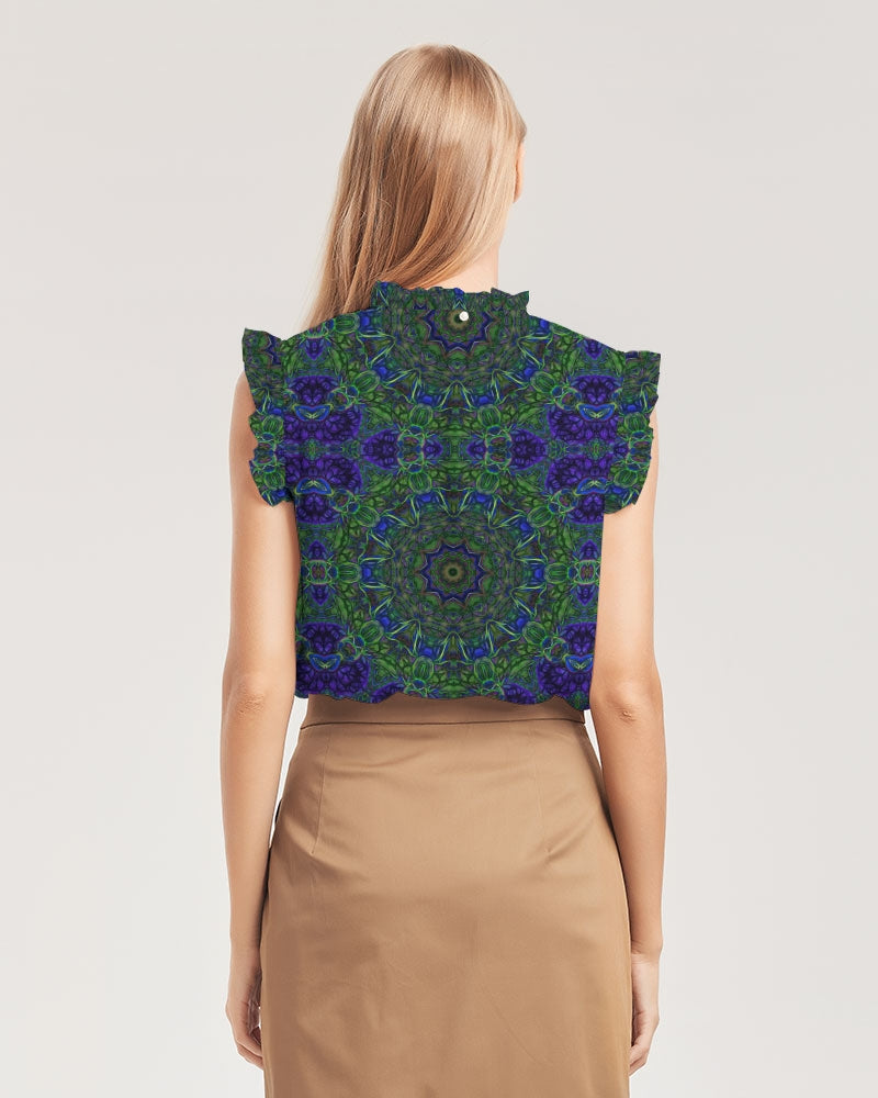 blue Green Ribbon Kaleidoscope Women's Ruffle Sleeve Top