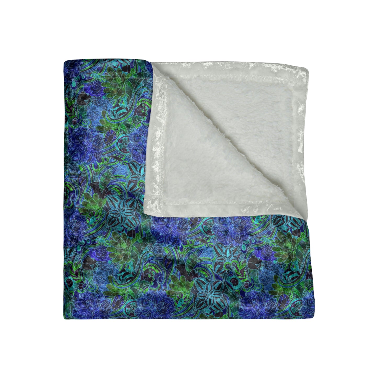 Blue Green Flower Pattern Crushed Velvet Blanket