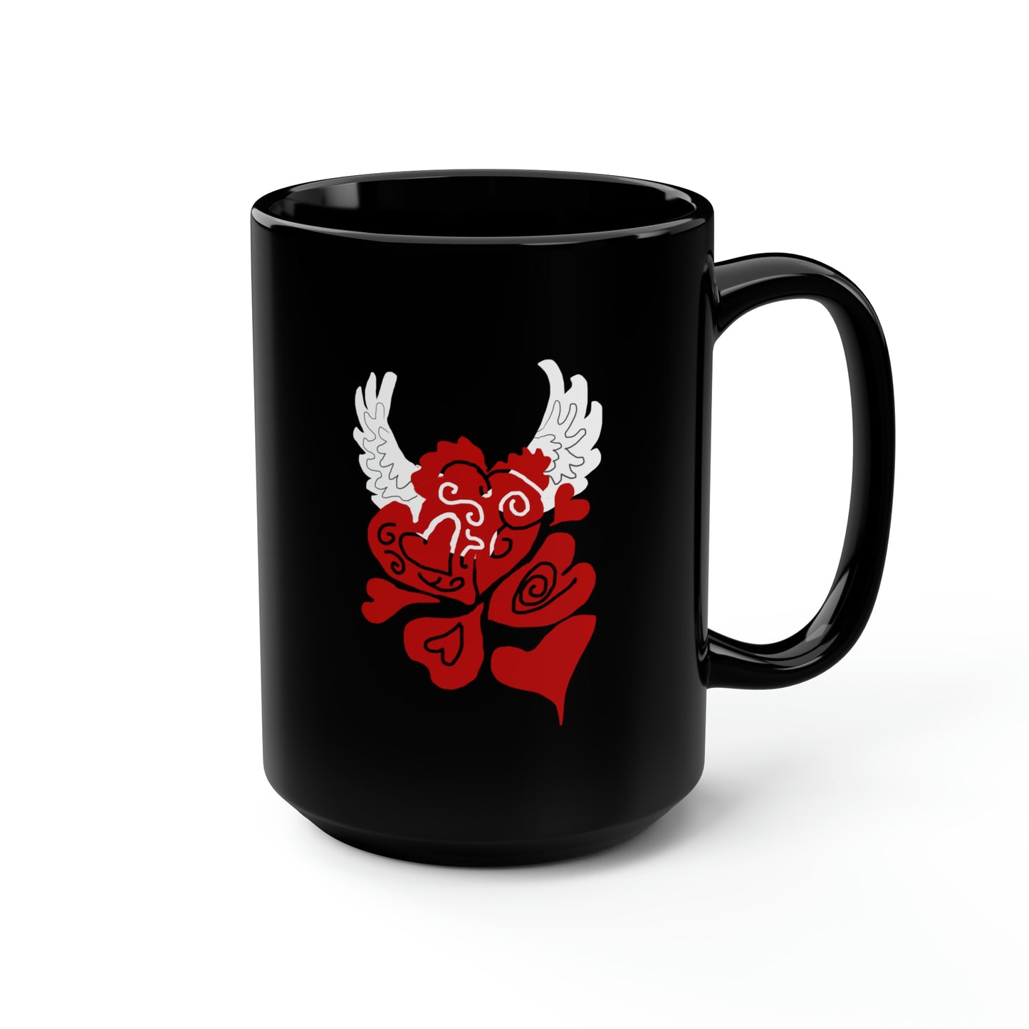 Hearts and Wings Black Mug, 15oz