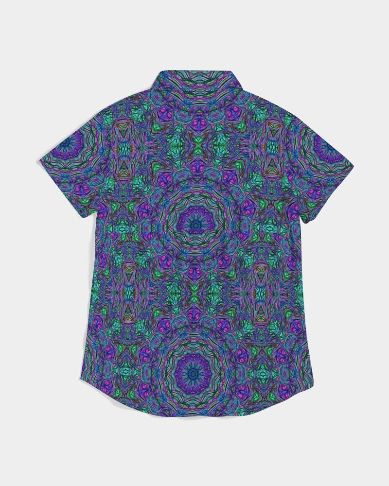 Blue Green Purple Kaleidoscope Women's Short Sleeve Button Up
