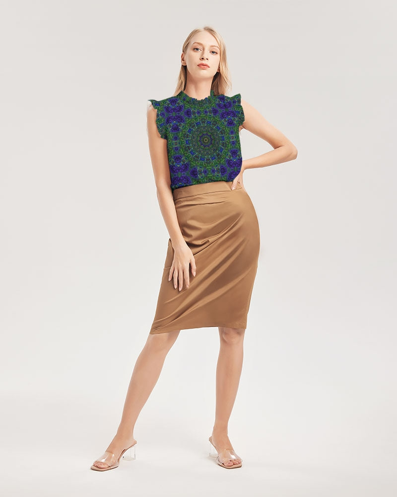 blue Green Ribbon Kaleidoscope Women's Ruffle Sleeve Top