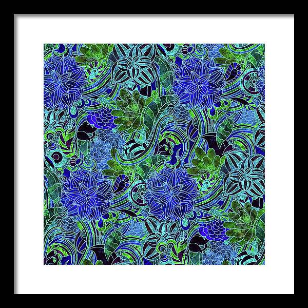 Blue Green Flower Pattern - Framed Print
