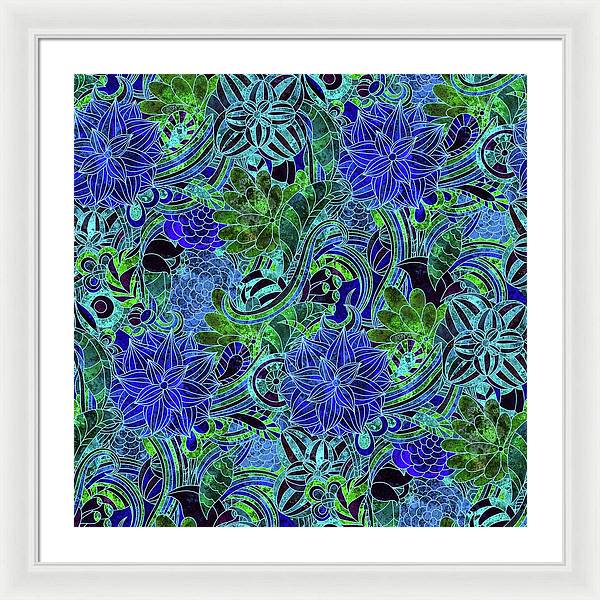 Blue Green Flower Pattern - Framed Print