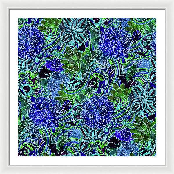 Blue Green Flower Pattern - Framed Print