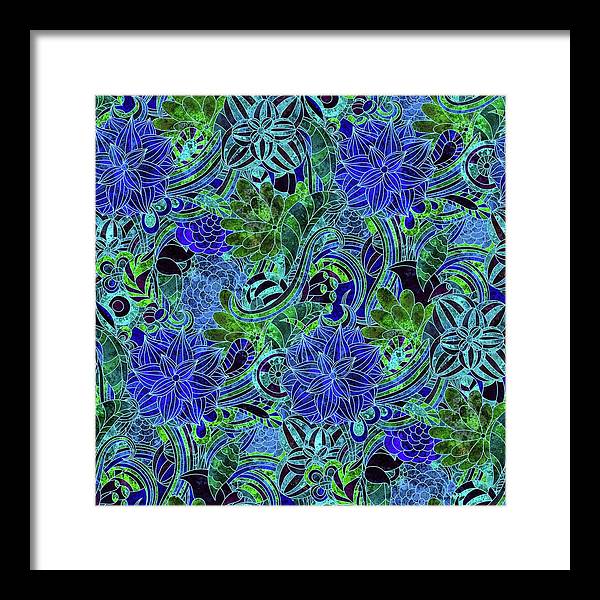 Blue Green Flower Pattern - Framed Print