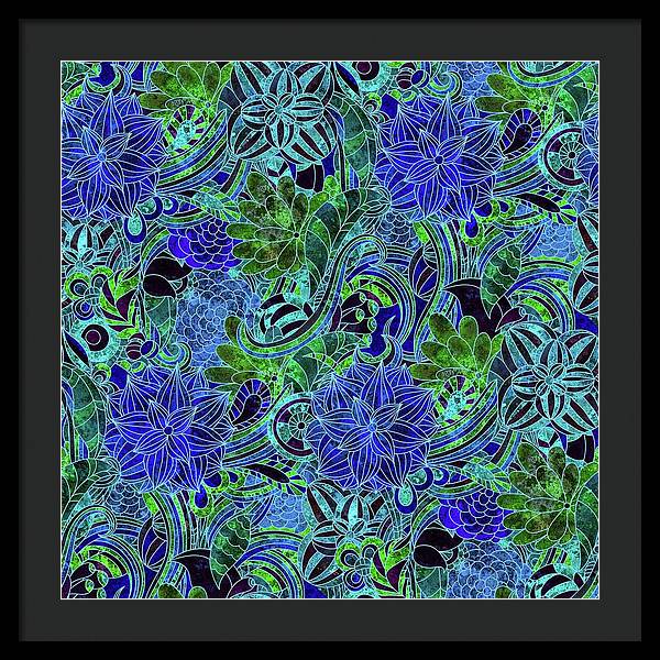 Blue Green Flower Pattern - Framed Print