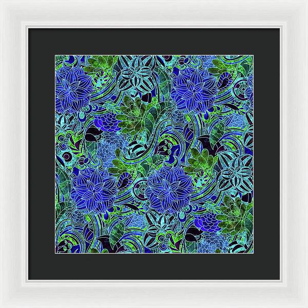 Blue Green Flower Pattern - Framed Print
