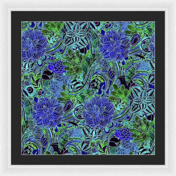 Blue Green Flower Pattern - Framed Print