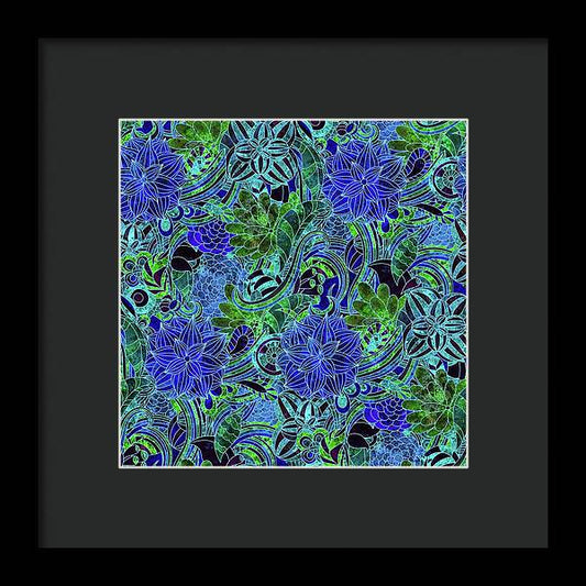 Blue Green Flower Pattern - Framed Print