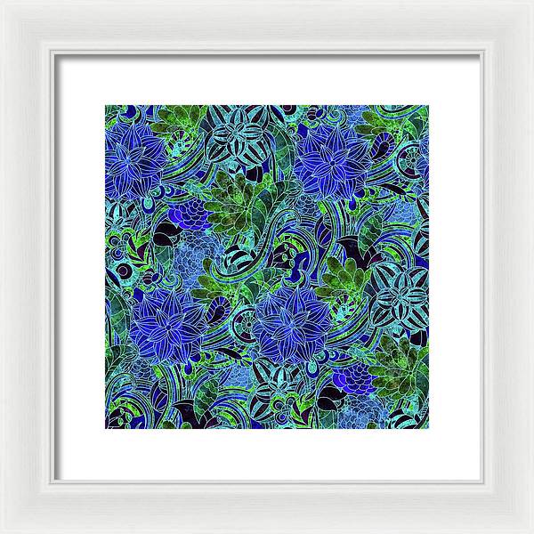 Blue Green Flower Pattern - Framed Print