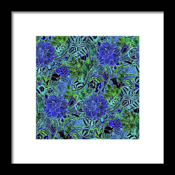 Blue Green Flower Pattern - Framed Print