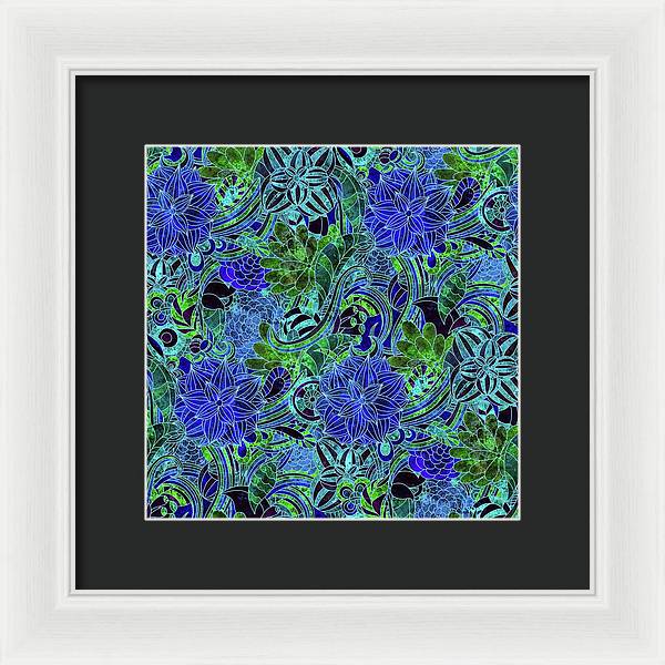 Blue Green Flower Pattern - Framed Print