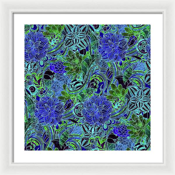 Blue Green Flower Pattern - Framed Print