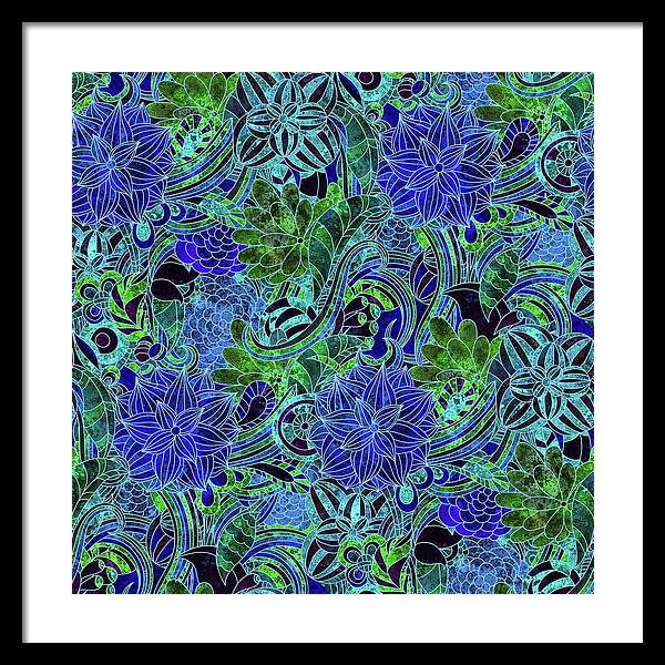 Blue Green Flower Pattern - Framed Print