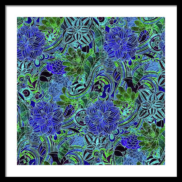 Blue Green Flower Pattern - Framed Print
