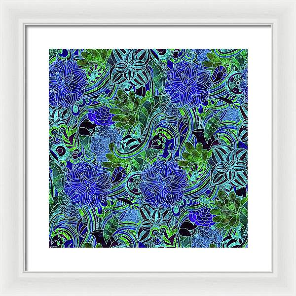 Blue Green Flower Pattern - Framed Print