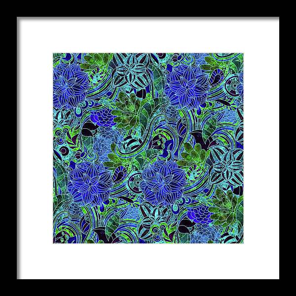 Blue Green Flower Pattern - Framed Print