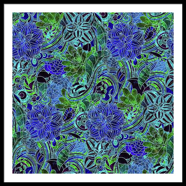 Blue Green Flower Pattern - Framed Print