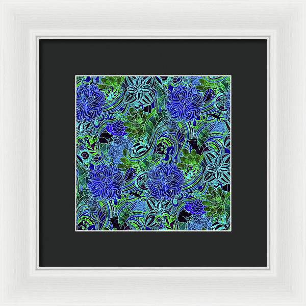 Blue Green Flower Pattern - Framed Print