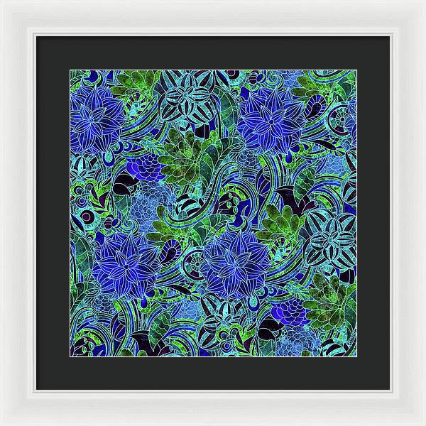 Blue Green Flower Pattern - Framed Print