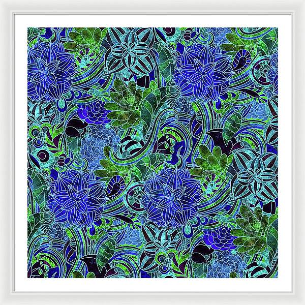 Blue Green Flower Pattern - Framed Print