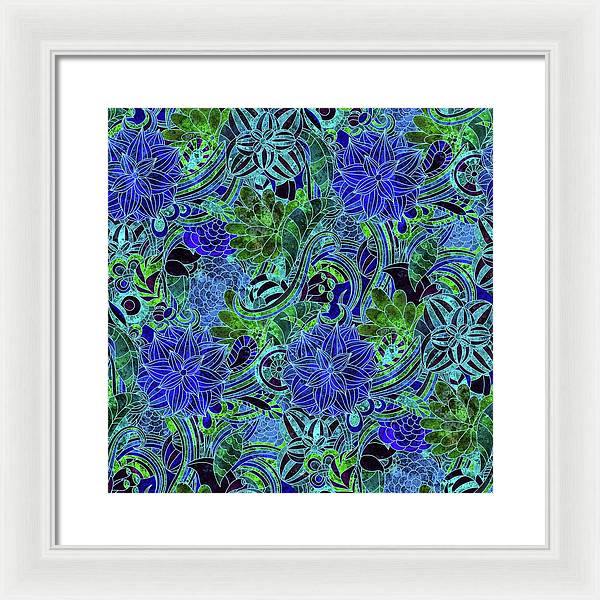 Blue Green Flower Pattern - Framed Print