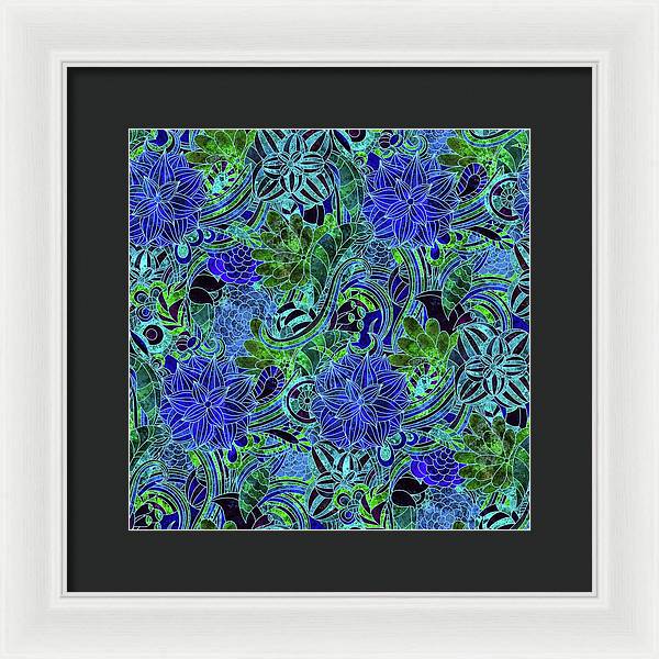 Blue Green Flower Pattern - Framed Print