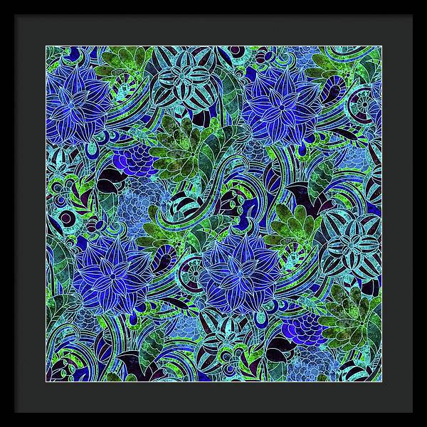 Blue Green Flower Pattern - Framed Print
