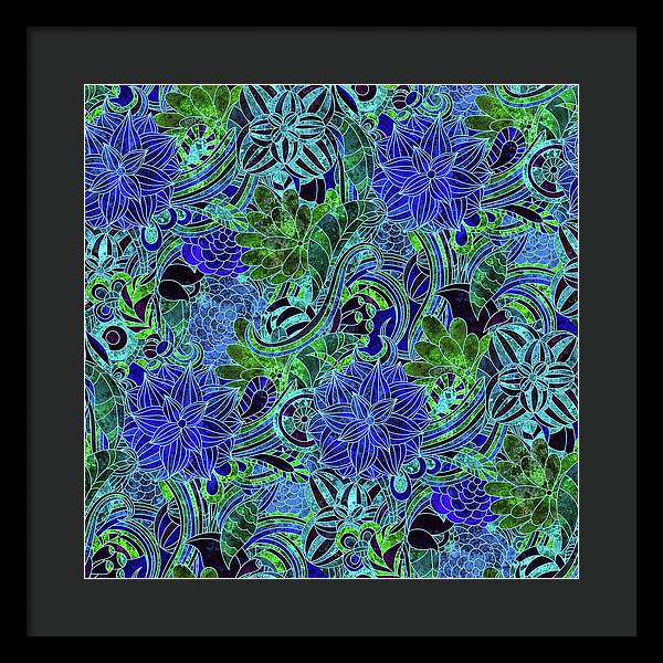Blue Green Flower Pattern - Framed Print