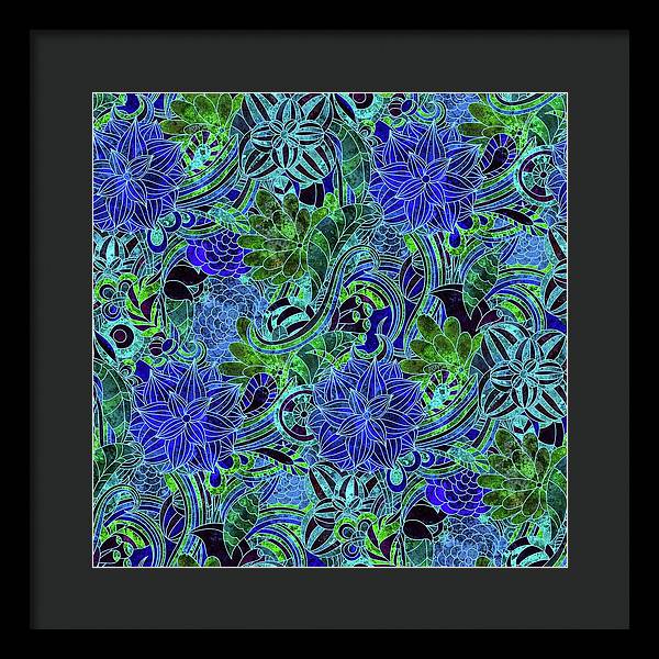 Blue Green Flower Pattern - Framed Print