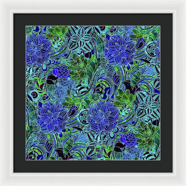 Blue Green Flower Pattern - Framed Print