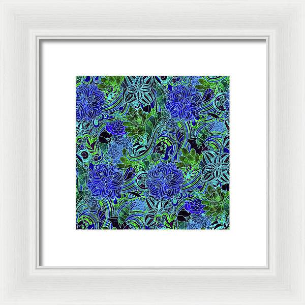 Blue Green Flower Pattern - Framed Print