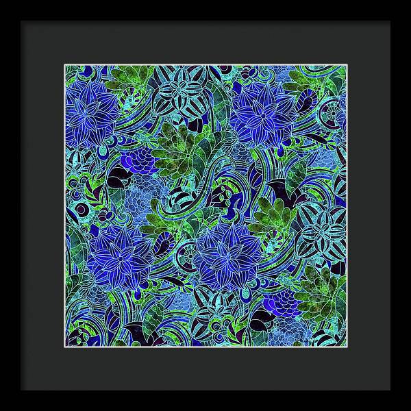 Blue Green Flower Pattern - Framed Print
