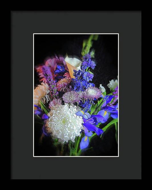 Blue White Purple Mixed Flowers Bouquet - Framed Print