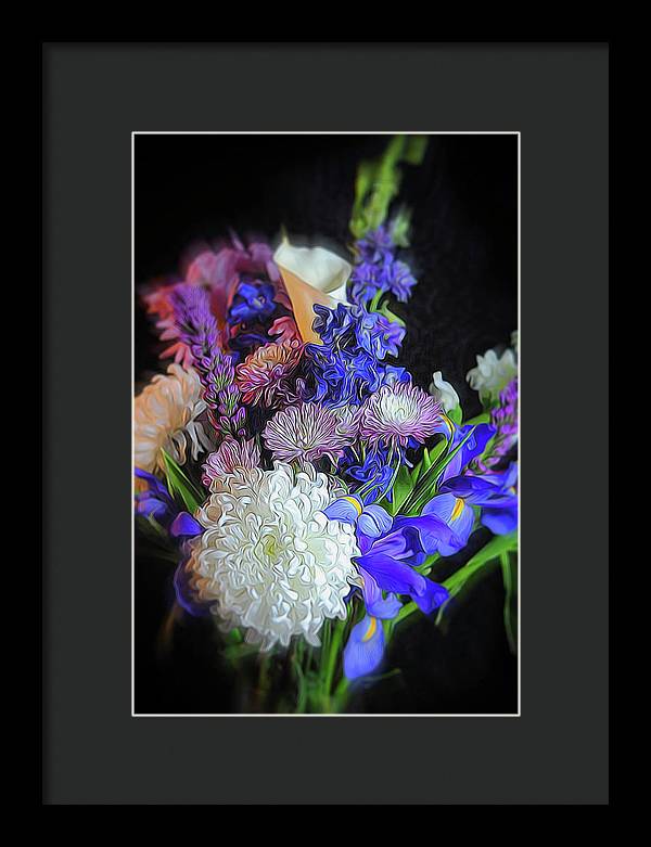 Blue White Purple Mixed Flowers Bouquet - Framed Print