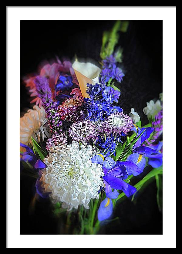 Blue White Purple Mixed Flowers Bouquet - Framed Print