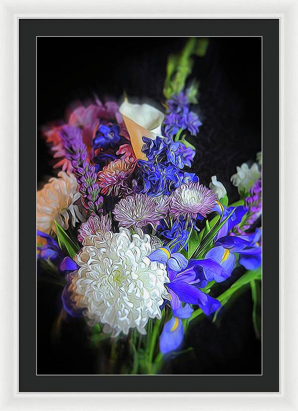 Blue White Purple Mixed Flowers Bouquet - Framed Print