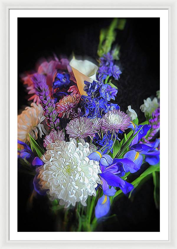 Blue White Purple Mixed Flowers Bouquet - Framed Print