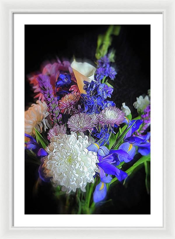 Blue White Purple Mixed Flowers Bouquet - Framed Print