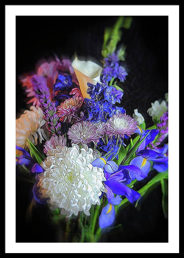Blue White Purple Mixed Flowers Bouquet - Framed Print