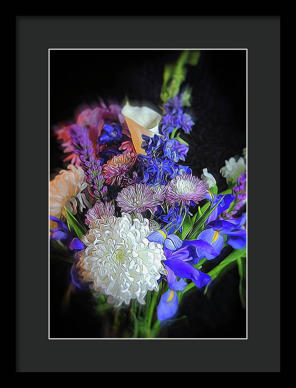 Blue White Purple Mixed Flowers Bouquet - Framed Print