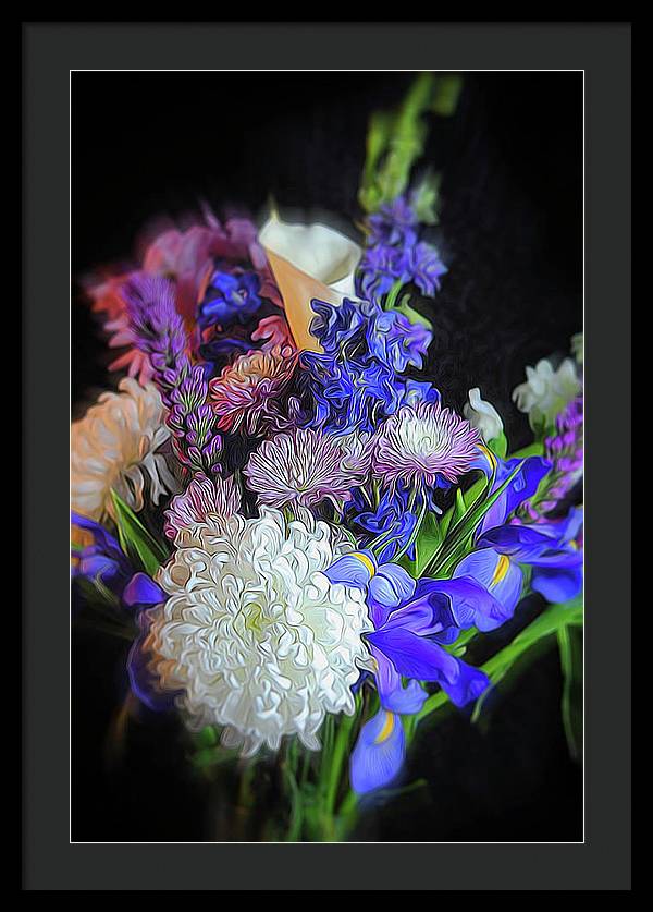 Blue White Purple Mixed Flowers Bouquet - Framed Print
