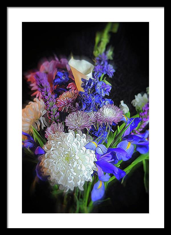Blue White Purple Mixed Flowers Bouquet - Framed Print