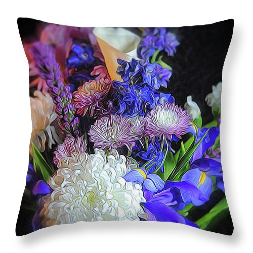 Blue White Purple Mixed Flowers Bouquet - Throw Pillow