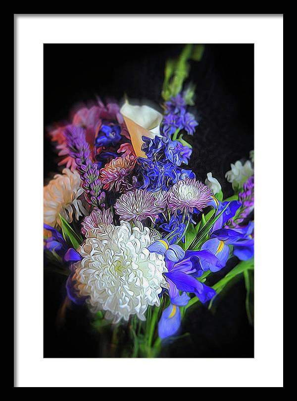 Blue White Purple Mixed Flowers Bouquet - Framed Print