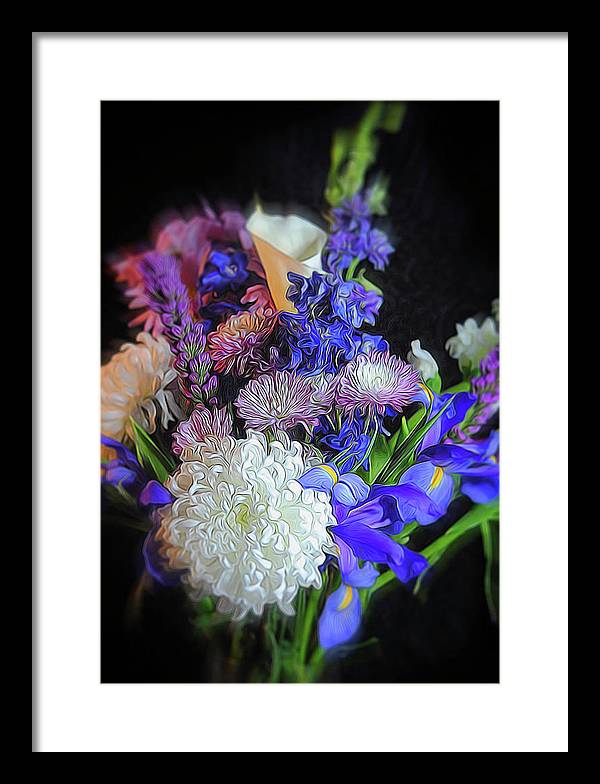 Blue White Purple Mixed Flowers Bouquet - Framed Print