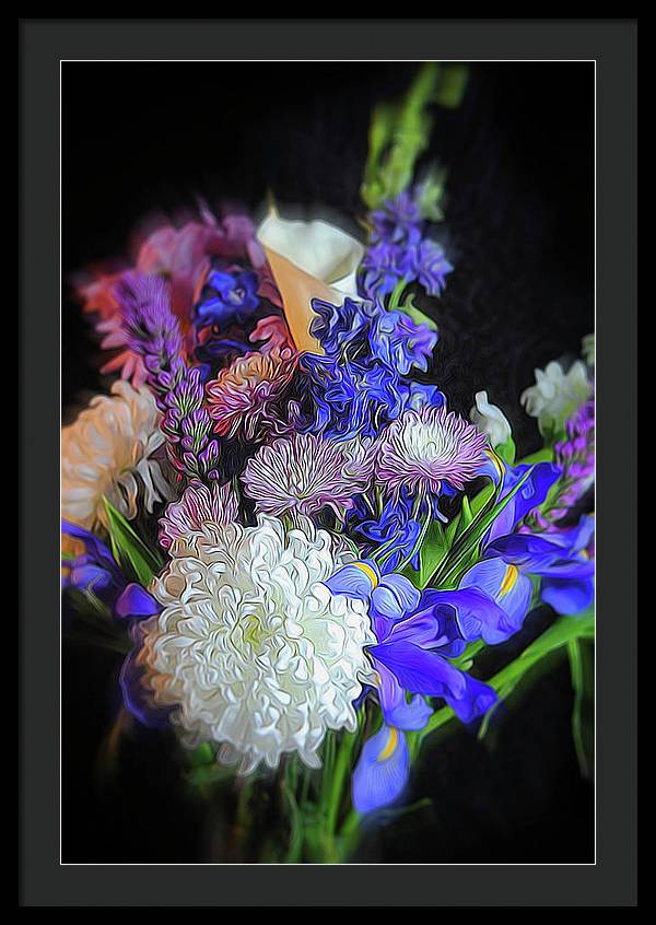 Blue White Purple Mixed Flowers Bouquet - Framed Print