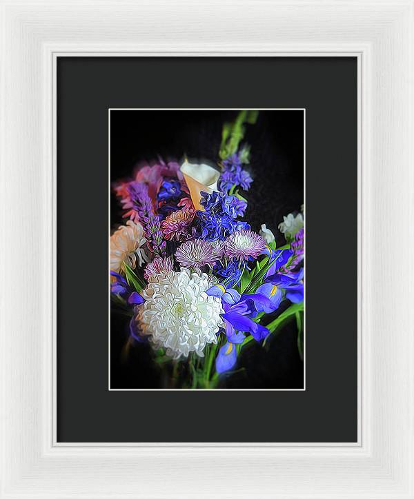 Blue White Purple Mixed Flowers Bouquet - Framed Print