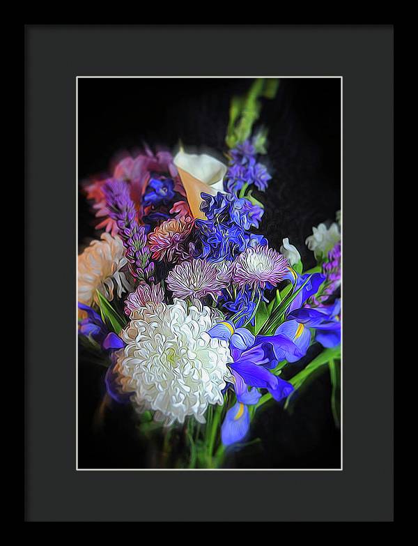 Blue White Purple Mixed Flowers Bouquet - Framed Print